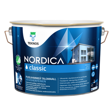 Фарба для дерев'яних будинків Teknos NORDICA CLASSIC 18.0 (L.), Фарба, Для нових і раніше пофарбованих акрилатними фарбами дерев'яних поверхонь, наприклад, зовнішніх стін, підшивань дощок і наличників, Дуже добра, Для забезпечення однорідності поверхні, слід підготувати достатню кількість фарби в одну емкость.Тщательно перемішати фарбу і наносити пензлем, малярною щіткою або розпилювачем в 1 - 2 шари., Акрилатна, Підходить також для ремонтного фарбування більшості раніше пофарбованих олійною і алкидной фарбою поверхонь, що знаходяться в хорошому стані.Для поверхонь з колоди рекомендується WOODEX AQUA CLASSIC лесуючий антисептик