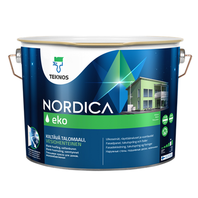 Акриловая, фасадная краска Teknos NORDICA EKO 0.9 (L.), Краска, Для новых и ранее окрашенных акрилатными красками деревянных поверхностей, например, для наружных стен, облицовочных досок, навесов и для оконных переплетов., Очень хорошая, Для обеспечения однородности поверхности, следует подготовить достаточное количество краски в одну емкость. Тщательно перемешать краску и наносить кистью, малярной щеткой или распылителем в 1 - 2 слоя, Акрилатная, Ранее окрашенные масляной и алкидной краской поверхности, находящиеся в хорошем состоянии. Для конструкций из бревна рекомендуется WOODEX AQUA CLASSIC лессирующий антисептик.