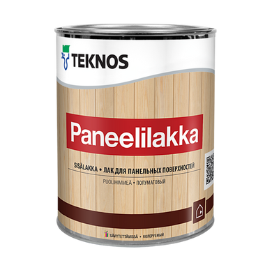 Дисперсійний лак для панелей майже без запаху Teknos PANEELILAKKA 0.9 (L.), Водорозчинний дисперсійний лак, Для внутрішніх поверхонь, Не рекомендується для підлоги, паркету і меблів., Особливо підходить для лакування панельних стін і стель. Застосовується також для стін і стель з деревинно-стружкових плит. Не рекомендується для підлоги, паркету і меблів