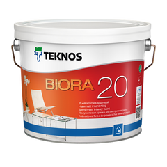 Акрилатная краска для стен и потолка Teknos BIORA 20 2.7 (L.), Краска, Для внутренних стен и потолков, M1 классификация,Экологическая маркировка ,Символ Ассоциации аллергиков и астматиков (Финляндия). Выдерживает более 5000 проходов щеткой, Акрилатная, BIORA 20 особенно хорошо подходит для покраски стен и потолков на кухне, в прихожих, на лестницах, а также в детских и классных помещениях. Краской BIORA 20 можно окрашивать бетонные, оштукатуренные, зашпатлеванные, кирпичные, а также поверхности из строи