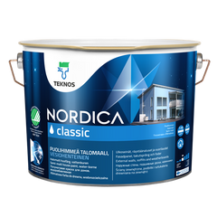 Фарба для дерев'яних будинків Teknos NORDICA CLASSIС 0.9 (L.), Фарба, Для нових і раніше пофарбованих акрилатними фарбами дерев'яних поверхонь, наприклад, зовнішніх стін, підшивань дощок і наличників, Дуже добра, Для забезпечення однорідності поверхні, слід підготувати достатню кількість фарби в одну емкость.Тщательно перемішати фарбу і наносити пензлем, малярною щіткою або розпилювачем в 1 - 2 шари., Підходить також для ремонтного фарбування більшості раніше пофарбованих олійною і алкидной фарбою поверхонь, що знаходяться в хорошому стані.Для поверхонь з колоди рекомендується WOODEX AQUA CLASSIC лесуючий антисептик