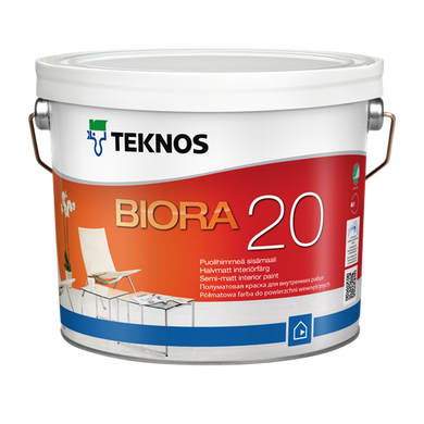 Акрилатна фарба для стін і стелі Teknos BIORA 20 9.0 (L.), Фарба, Для внутрішніх стін і стель, M1 класифікація, Екологічне маркування, Символ Асоціації алергіків і астматиків (Фінляндія). Витримує більше 5000 проходів щіткою, Акрилатна, BIORA 20 особливо добре підходить для фарбування стін і стель на кухні, у вітальнях, на сходах, а також у дитячих та класних приміщеннях. Фарбою BIORA 20 можна фарбувати бетонні, оштукатурені, зашпакльовані, цегляні, а також поверхні з будівельних матеріа
