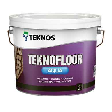 Водоразбавляемая краска для пола на акрилатной основе Teknos TEKNOFLOOR AQUA 0.9 (L.), Краска, Применяется для покраски новых, ранее окрашенных алкидными, уретано-алкидными,акрилатными красками бетонных и деревянных поверхностей: полов, лестниц и др., в сухих помещениях, комнатах, подвалах, хранилищах, без интенсивных нагрузок, Окрашиваемая поверхность должна быть сухой. Во время нанесения и высыхания краски температура воздуха, поверхности и краски должны быть выше +10°С, относительная влажность воздуха ниже 80%., Для окраски новых и ранее окрашенных алкидными или акрилатными красками бетонных и деревянных поверхностей, таких как: полы и лестницы; помещения, подвалы, склады и др