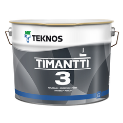 Акрилатна фарба грунт для стелі Teknos TIMANTTI 3 2.7 (L.), Фарба грунт, Для стін і стель в приміщеннях, M1 класифікація, Екологічне маркування, Символ Асоціації алергіків і астматиків (Фінляндія)., Акрилатна, Застосовується для грунтовки нефарбованих бетонних, оштукатурених, зашпакльованих і цегляних поверхонь а також поверхонь будівельних плит. TIMANTTI 3 може бути використана, як адгезійна грунтовка для стін і стель, алк.фарбами.