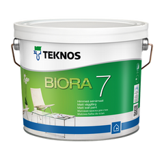 Акрилатна фарба для стін Teknos BIORA 7 2.7 (L.), Фарба, Водорозчинна матова акрилатна фарба для внутрішніх стін, Витримує більше 5000 проходів щіткою. M1 класифікація, Екологічне маркування, Символ Асоціації алергіків і астматиків (Фінляндія)., Акрилатна, BIORA 7 підходить для фарбування бетонних, оштукатурених, зашпакльованих і цегляних поверхонь, а також деревно-стружкових і ін. плит.