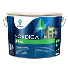 Акрилова, фасадна фарба Teknos NORDICA EKO 0.9 (L.), Фарба, Для нових і раніше пофарбованих акрилатними фарбами дерев'яних поверхонь, наприклад, для зовнішніх стін, облицювальних дошок, навісів і для віконних рам., Дуже добра, Для забезпечення однорідності поверхні, слід підготувати достатню кількість фарби в одну ємність. Ретельно перемішати фарбу і наносити пензлем, малярської щіткою або розпилювачем в 1 - 2 шари, Акрилатна, Раніше пофарбовані масляною і алкидной фарбою поверхні, що знаходяться в хорошому стані. Для конструкцій з колоди рекомендується WOODEX AQUA CLASSIC лесуючий антисептик.