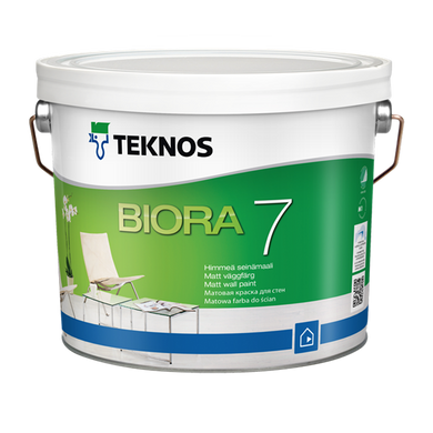 Акрилатная краска для стен Teknos BIORA 7 0.9 (L.), Краска, Водоразбавляемая матовая акрилатная краска для внутренних стен., Выдерживает более 5000 проходов щеткой. M1 классификация,Экологическая маркировка ,Символ Ассоциации аллергиков и астматиков (Финляндия)., Акрилатная, BIORA 7 подходит для покраски бетонных, оштукатуренных, зашпатлеванных и кирпичных поверхностей, а также древесно-стружечных и др. плит.